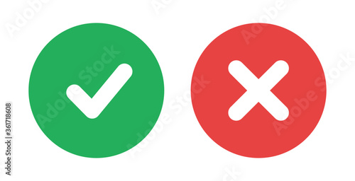 Check mark icon vector isolated. Green yes sign and red no symbol. Positive and negative element.