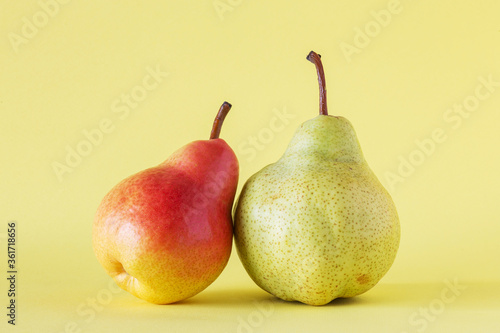 Two ripe pears on yellow background.