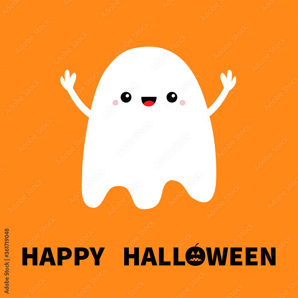 Flying ghost spirit Hands up. Boo. Happy Halloween. Cute cartoon kawaii spooky baby character. Scary white ghosts. Smiling face, hands. Orange background. Greeting card. Flat design. Flying ghost spirit Hands up. Boo. Happy Halloween. Cute cartoon kawaii spooky baby character. Scary white ghosts. Smiling face, hands. Orange background. Greeting card. Flat design.