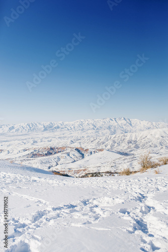 winter views from the mountain slopes of Beldersay in Sunny clear weather with blue skies