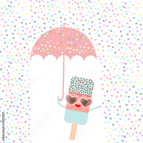 Kawaii cartoon blue ice cream with sunglasses and eyes, ice lolly holding an pink umbrella, pastel colors on white sprinkles rain background. greeting card design, text, fashion baby print. Vector