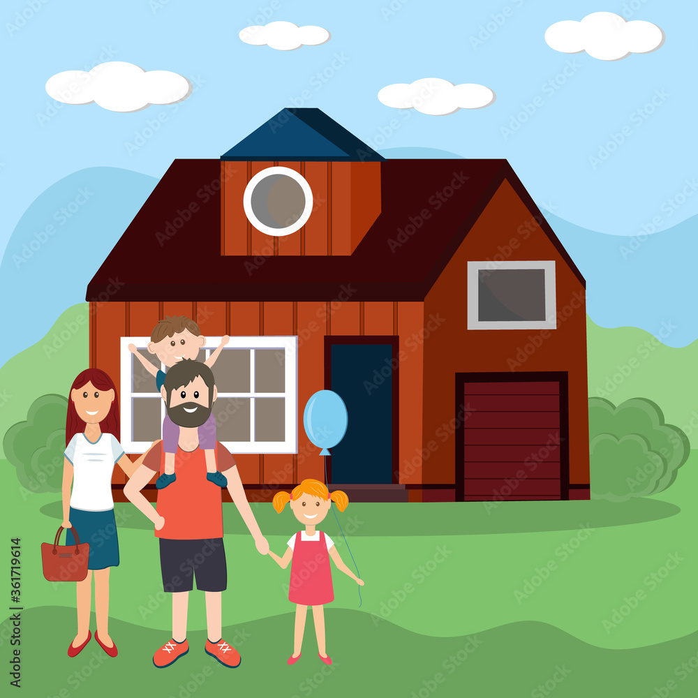 family of four parents and children on the background of a new purchased house, color vector illustration in flat style, design, decoration