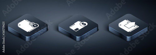 Set Isometric Document and lock, Next page arrow and Finance document folder icon. Vector