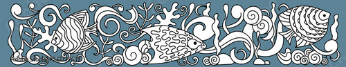 Sea life, underwater hand drawn doodle banner. Waves, shells, fish and algae . Monochrome vector background