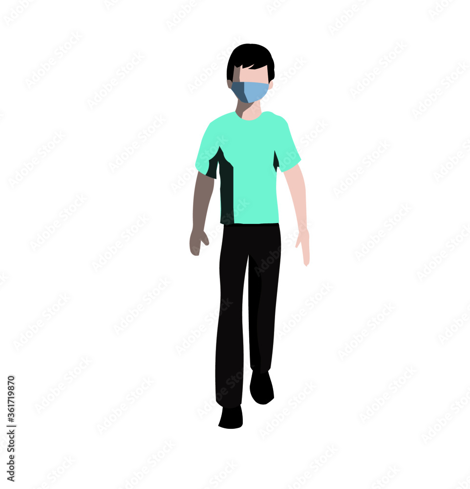 A man walking with medical face mask on,isolated over white
