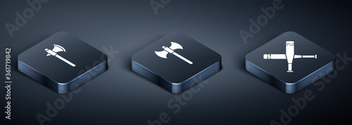 Set Isometric Medieval axe, Crossed baseball bat and Medieval axe icon. Vector