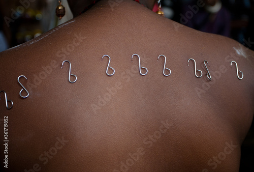Devotee pierced hooks on the back during the Thaipusam festival at Serangoon Singapore photo