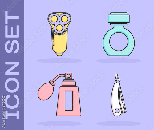 Set Straight razor, Electric razor blade for men, Aftershave bottle with atomizer and Aftershave icon. Vector