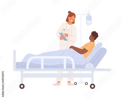 Female doctor visit black skin man at hospital room vector flat illustration. Male lying on bed with dropper during treatment at clinic isolated on white. Medical personnel consulting patient