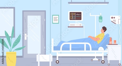 Male patient lying on bed at modern intensive therapy room vector flat illustration. Sick man with dropper at hospital interior. Medical clinic furniture and devices. Guy at ward during therapy