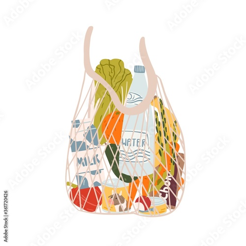 String or turtle bag full of products vector flat illustration. Stylish mesh accessory for carrying purchases isolated on white background. Eco friendly design sack with groceries from supermarket