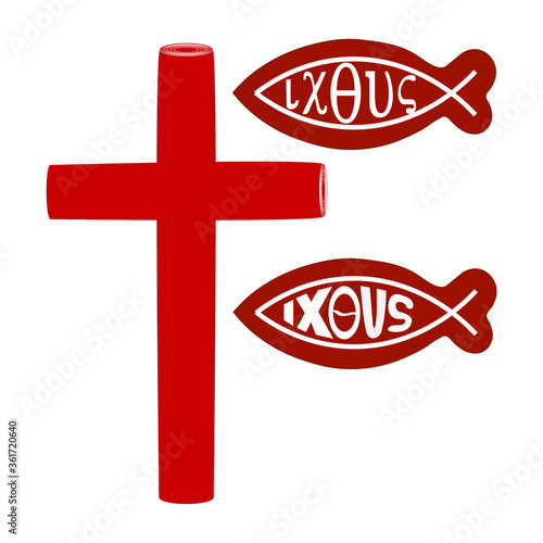 The icon of the cross. Ancient christian fish symbol. A sign with the inscription in biblical Greek language with the marking Jesus Christ the Son of God the Savior. Vector graphics for the church.