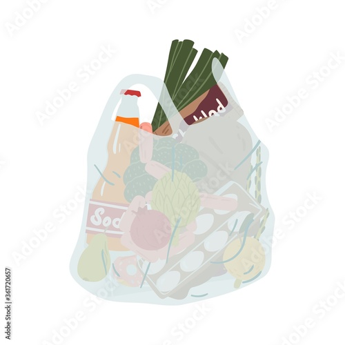 Grocery plastic package full of different food and drink vector flat illustration. Transparent disposable shopping bag with handles isolated on white. Pack for carrying products or purchases