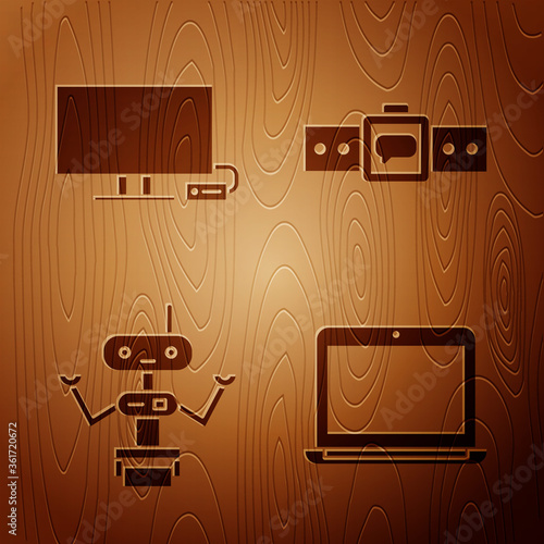 Set Laptop, Smart Tv, Robot and Smartwatch on wooden background. Vector