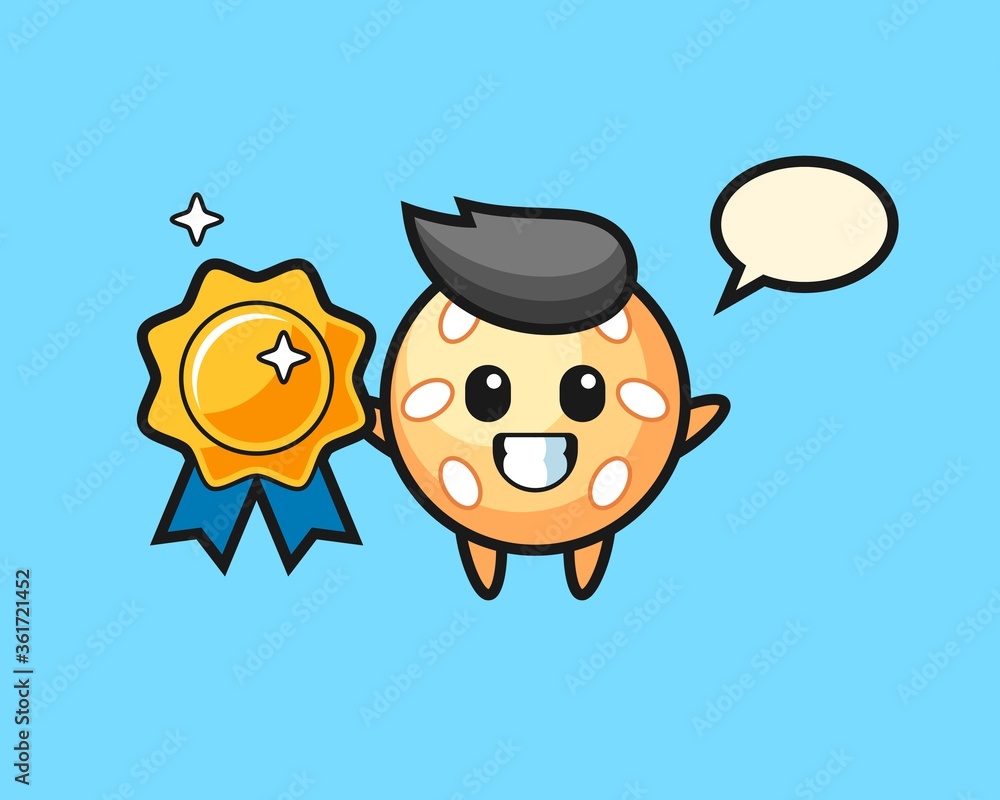 Sesame ball cartoon holding a golden badge