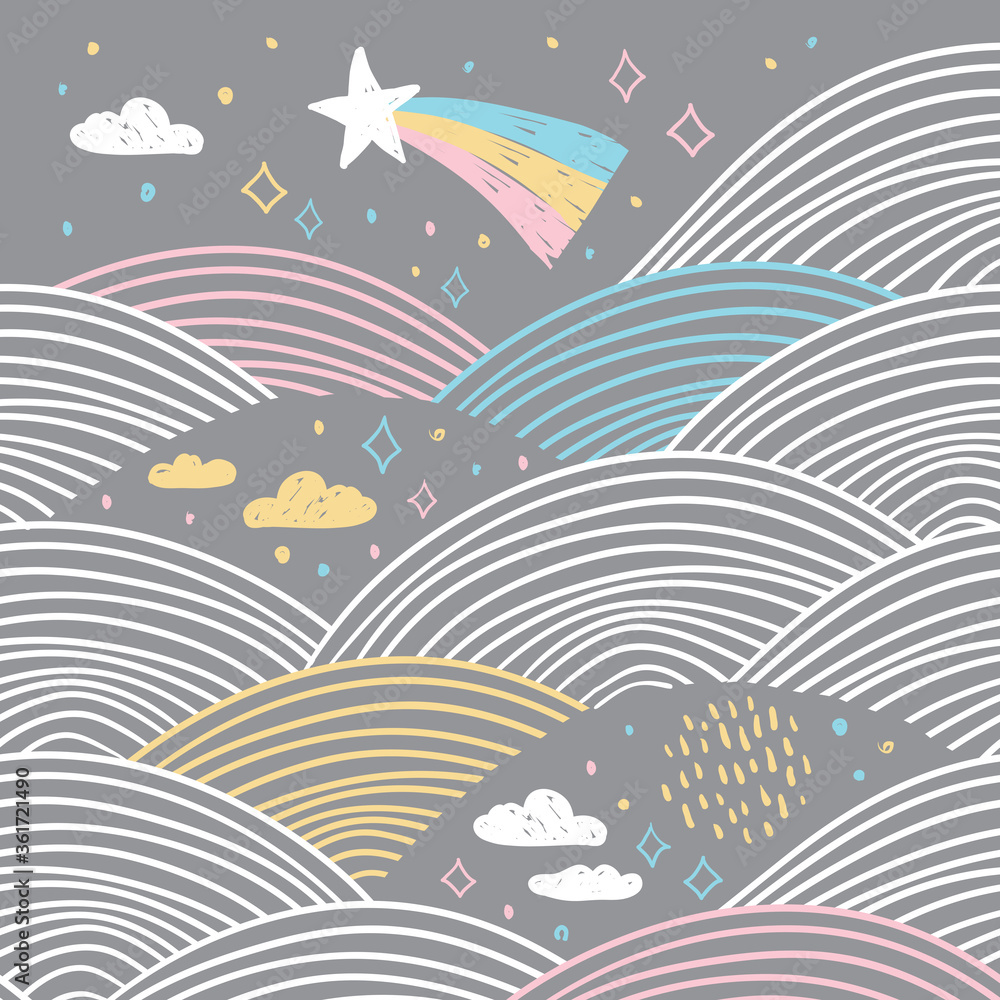 Fototapeta premium magic tale card banner design abstract scales comet, night sky, clouds stars, simple Nature doodle lines scandinavian style background trend of the season, circle pattern Blue pink white gray. Vector