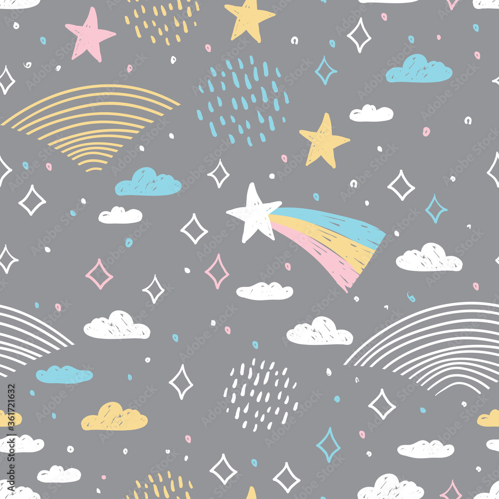 magic tale seamless pattern abstract scales, rain, sky clouds stars, simple Nature doodle lines scandinavian style. Nursery decor trend of the season white yellow pink on gray background. Vector