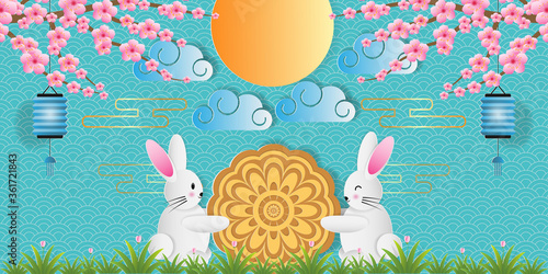 Paper art of mid autumn festival greeting card, banner with cute rabbit, mooncake, light bulb and cherry blossom. Vector illustration