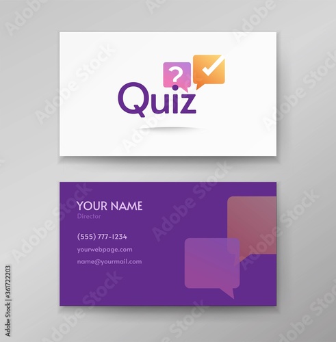 Quiz logo poll icon vector design or interview discussion logotype on business card template mockup and ask question flat violet color, concept of competition poll game or interrogate trendy mock up