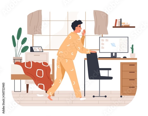 Yawn freelancer man missing the deadline vector flat illustration. Remotely work employee overslept late making distant job isolated on white. Morning male having incomplete assignment on computer