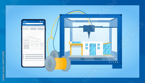Industrial 3D printer prints smart home. Futuristic technologies for mass production of houses. Architectural engineering with a printer concept. Perfect for landing, web or presentation. Flat Vector
