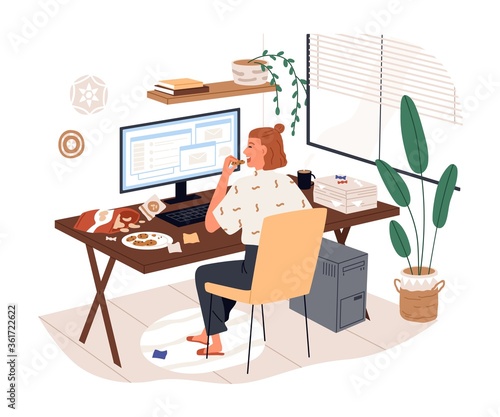 Freelancer female eat junk food working use computer vector flat illustration. Woman sit on desk eating snack feeling stress from remotely work isolated on white. Home office problems