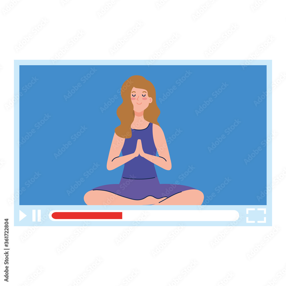 Naklejka premium online, yoga concept, woman practices yoga and meditation, watching a broadcast on a web page vector illustration design