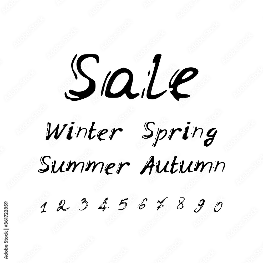 Sale, digits from 1 to 10, Winter Spring Summer Autumn. Black text, calligraphy, lettering, doodle by hand isolated on white background. Nursery decor, card banner design scandinavian style. Vector