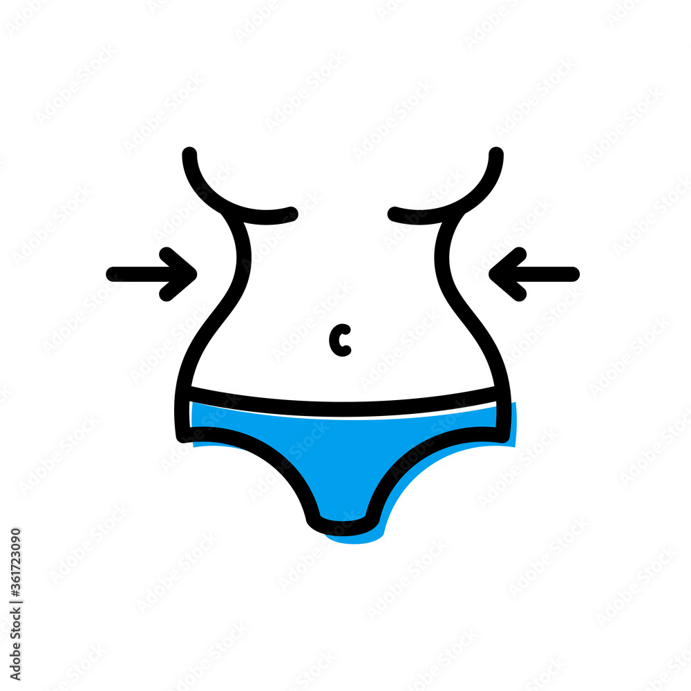Concepto perder peso. Icono plano lineal cintura de mujer con flechas con color azul Concepto perder peso. Icono plano lineal cintura de mujer con flechas con color azul