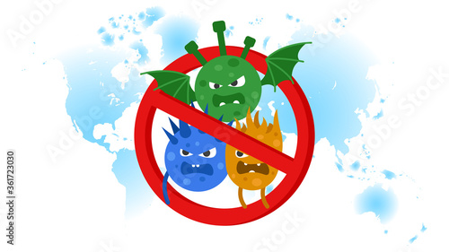 Virus treatment. Monster, green creature. Characters of the microorganisms. Stop Coronavirus.
