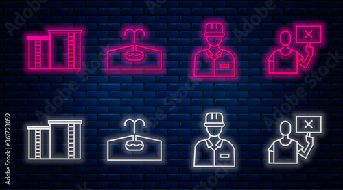 Set line Oilfield, Oilman, Oil industrial factory building and Nature saving protest. Glowing neon icon on brick wall. Vector
