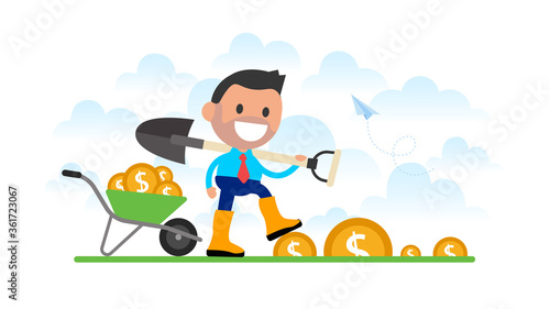 Businessman collects a crop of gold coins.

