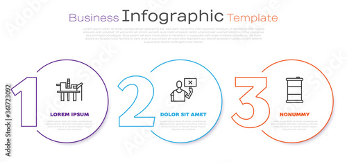Set line Oil platform in the sea, Nature saving protest and Barrel oil. Business infographic template. Vector