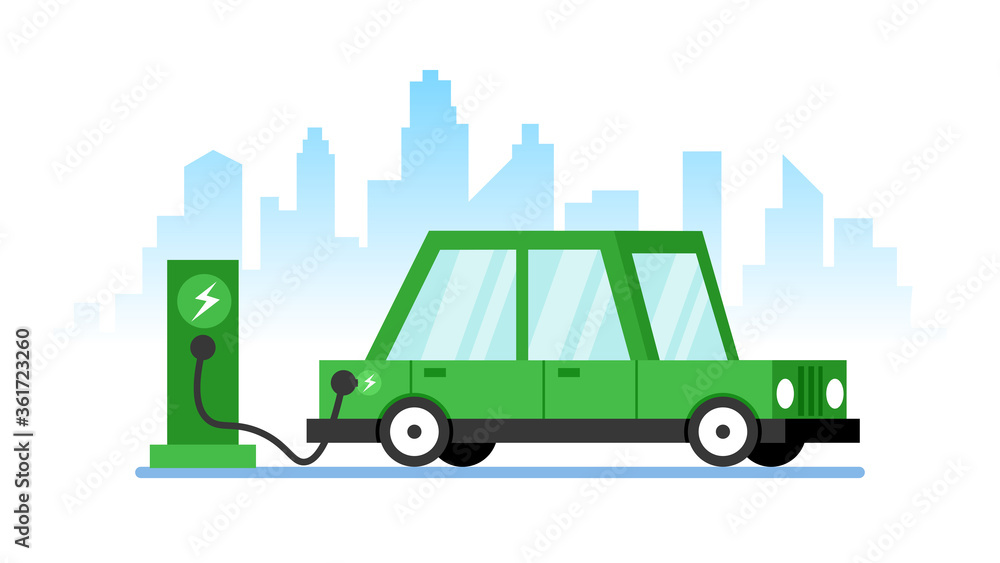 Electric car charging its battery, concept illustration for green environment, ecology, sustainability, clean air, future.
