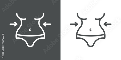 Concepto perder peso. Icono plano lineal cintura de mujer con flechas en fondo gris y fondo blanco