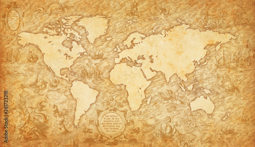 Old map of the world on a old parchment background. Vintage style. Elements of this Image courtesy of NASA