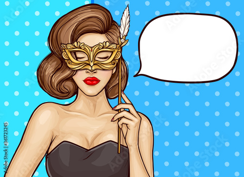Pop art young sexy woman with carnival mask in her hand on dots background, speech bubble. Elegance girl in black dress with closed eyes holds near her face a golden mask with a feather on a stick.