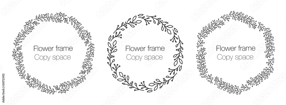 Collection floral frame with copy space. A set of cute retro flowers arranged in the shape of a wreath, ideal for wedding invitations and greeting cards, labels. Circular wreath frame line art. Collection floral frame with copy space. A set of cute retro flowers arranged in the shape of a wreath, ideal for wedding invitations and greeting cards, labels. Circular wreath frame line art.
