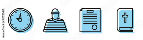 Set line The arrest warrant, Clock, Prisoner and Holy bible book icon. Vector