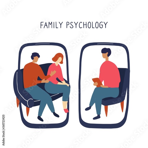 Family Psychologist. Online counseling for couple. Patients at psychological consultation. Flat doodle illustration