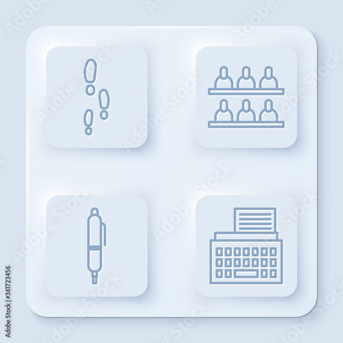Set line Footsteps, Jurors, Pen and Retro typewriter. White square button. Vector