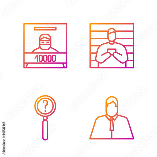 Set line Lawyer, attorney, jurist, Magnifying glass with search, Wanted poster and Suspect criminal. Gradient color icons. Vector