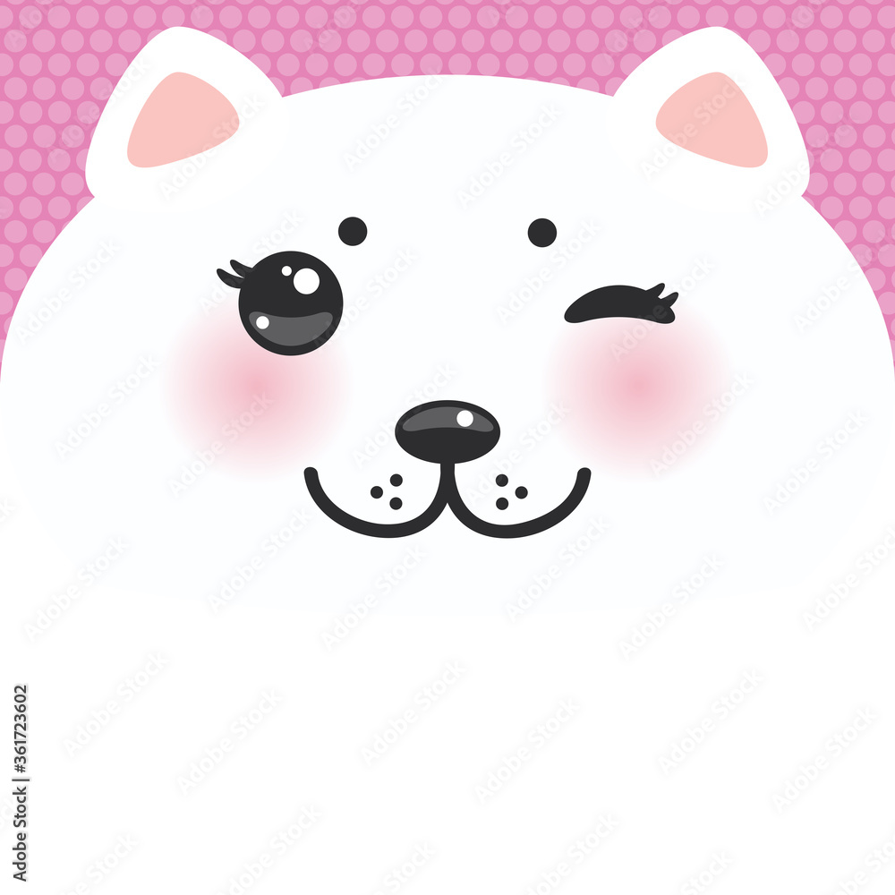 Fototapeta premium Cute Cartoon Kawaii funny white cat muzzle with pink cheeks and wink eyes on a lilac background. Card banner design Nursery decor trend of the season, scandinavian style. Vector