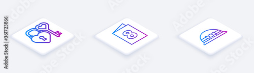 Set Isometric line Castle and key in heart shape, Greeting card with 8 March and Elegant women hat. White square button. Vector