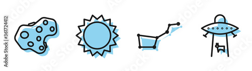 Set line Great Bear constellation, Asteroid, Sun and Planet icon. Vector