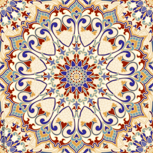 Seamless colorful pattern with Turkish motif. Hand drawn seamless abstract pattern from floral mandala. Majolica pottery tile  blue  yellow azulejo. Original traditional Portuguese and Spain decor