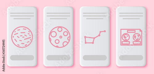 Set line Planet Mars, Moon, Great Bear constellation and Celestial map of the night sky. White rectangle button. Vector