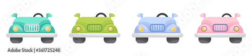 Collection of cute cartoon baby's cars isolated on white background. Set of cars of different colors for design of kid's rooms clothing textiles album card invitation. Flat vector illustration.