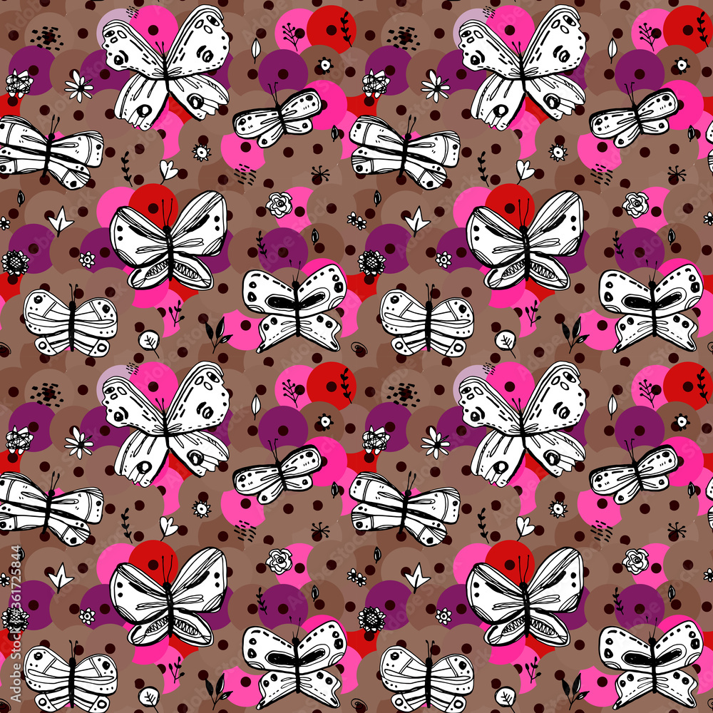 Fototapeta premium Seamless pattern butterflies leaves flowers sequins. sketch drawing doodle scandinavian style background grunge. Nursery decor Gift wrap fabrics wallpapers black white pink purple brown. Vector