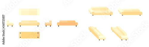 beige couch from different angles, isometric